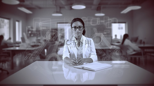 一位有能力的女医生在办公桌上使用笔记本电脑工作的 3D 合成图像