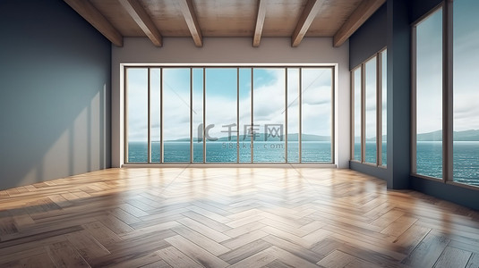 蓝色窗户背景图片_现代 3D 渲染宽敞的房间，配有人字形地板木质座椅，从大窗户可欣赏美丽的海景
