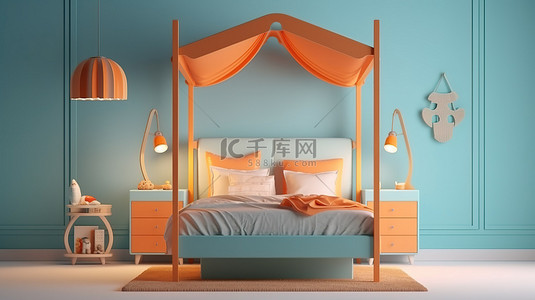 梦幻般的儿童卧室设计，配有四个海报床床头柜和蓝色橙色和白色 3D 渲染的台灯