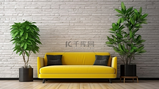 3D 渲染木镶木地板，配有绿色植物和黄色沙发，靠在裸露的砖墙上