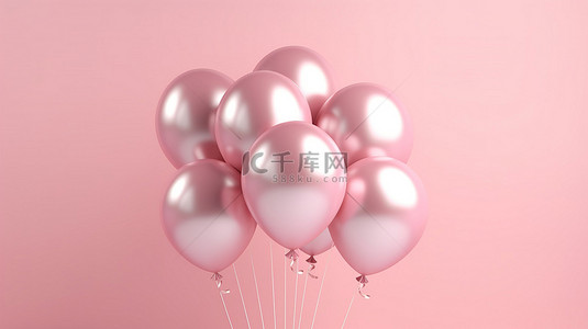 带有浮动气球的柔和粉红色背景的 3D 渲染插图
