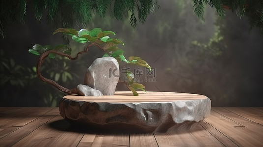 带有石材装饰和树叶的木地板舞台 3D 渲染产品讲台
