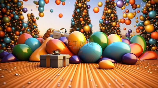 喜庆 3D 插画圣诞节和新年背景