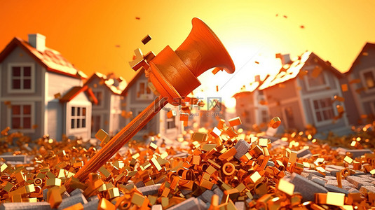 市场崩溃橙色金属锤盘旋在房屋上方的插图
