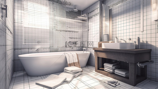 建筑中浴室 3D 渲染下的抵押贷款表格蓝图和能源效率图表