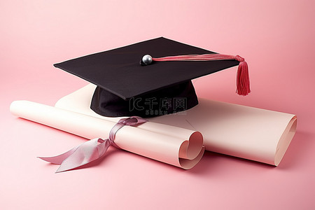 毕业帽和文凭坐在粉红色的表面上