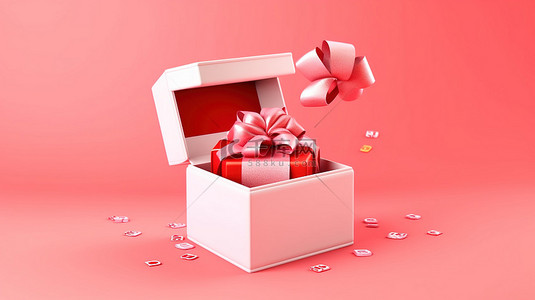 快乐的生日庆祝活动打开礼品盒，用粉红色背景上的红丝带绑着 3D 插图