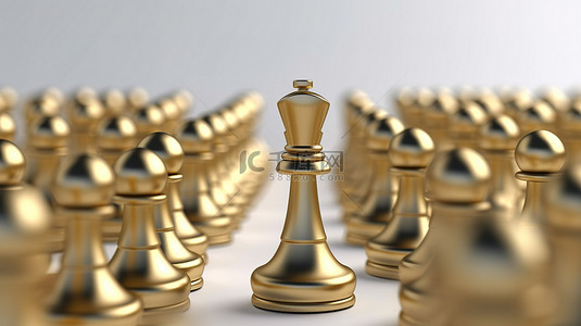3d 渲染中独特的金棋棋子在白色背景中脱颖而出，象征着独特性