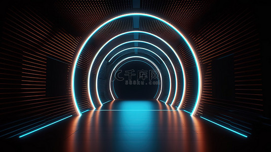 霓虹灯拱形隧道，带有发光的圆形灯和 3D 渲染中的地板反射