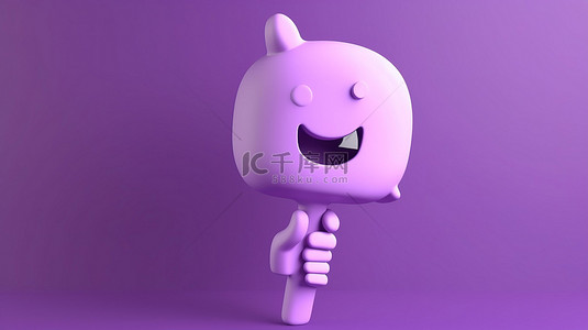 动画 3D 手，带有语音气泡图标和充满活力的紫色背景上的主题标签，用于社交媒体通信