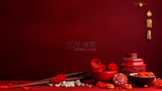 红色罐子植物花卉中国风格广告背景