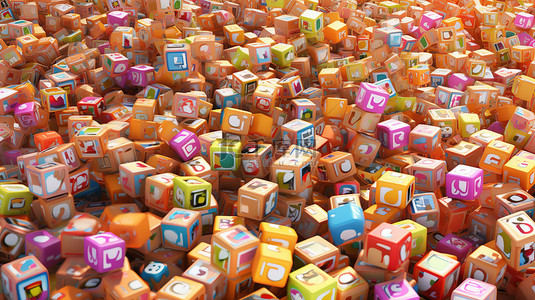 社交媒体图标散布在立方体中 3D 插图