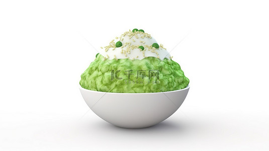 卡通风格 3D 渲染绿茶 bingsu 刨冰隔离在白色背景
