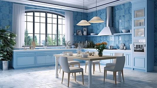 公司优势背景图片_带用餐区的蓝色和白色厨房的当代 3D 渲染