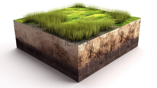 绿色草地背景图片_在土壤立方体上的绿草被隔绝的白色背景 3d 渲染