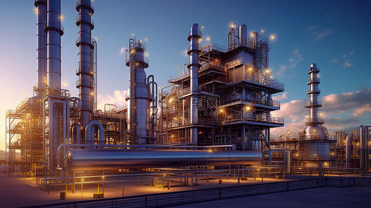 炼油厂和玻璃厂外部视图的 3D 插图