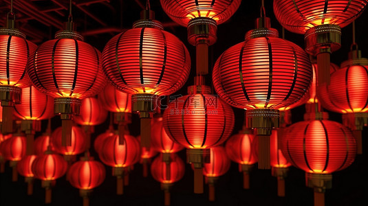 新年灯笼金色背景图片_发光的灯泡照亮 3D 渲染的中国新年红色和金色灯笼