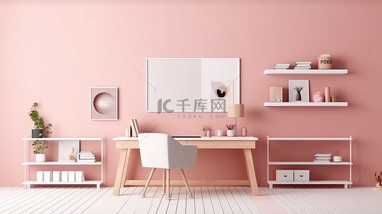 时尚的家庭办公室木桌靠在粉红色的墙上，上面有各种 3D 渲染的框架模型