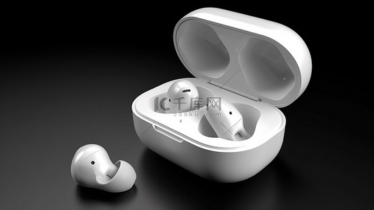 时尚的白色无线耳机，采用 3D 渲染插图的时尚现代设计