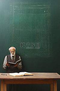 真人老师背景图片_老师站在黑板附近木桌上打开的书后面