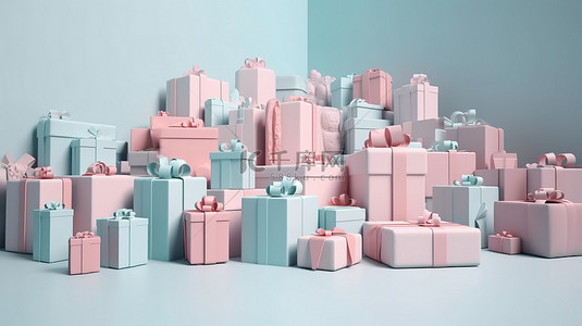 柔和的生日和节日背景，带有丰富的 3D 渲染礼品盒