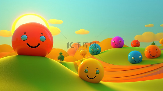 卡通微笑太阳背景图片_异想天开的微笑阳光和充满活力的山坡树木，俏皮的卡通风格 3D 渲染