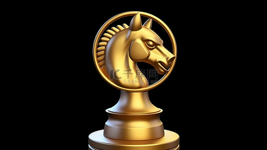 金色国际象棋骑士图标哑光金板上的 3D 渲染社交媒体符号