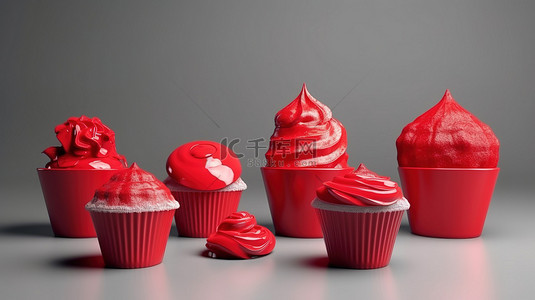 浅色背景上塑料风格的单色实心红色 3d 纸杯蛋糕图标