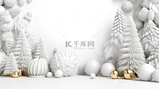 白松和装饰圣诞饰品的 3D 渲染，非常适合圣诞节和新年背景