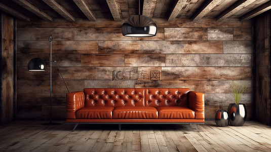 时尚的皮革沙发与硬木地板和木质天花板 3D 渲染的质朴房间相得益彰