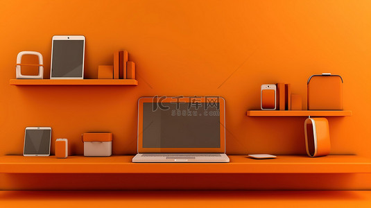 手机橙色背景图片_3D 插图中描绘的橙色墙架笔记本电脑平板电脑和计算机上的数字设备