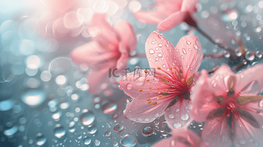 花朵开背景图片_春天雨水节气雨中桃花背景图