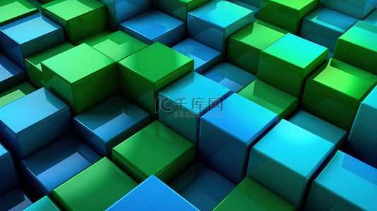 蓝色渐变绿色背景图片_一组蓝色和绿色色块的抽象 3D 渲染