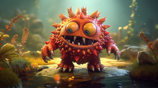 迷人的 3D 游戏插图，带有迷人的怪物角色