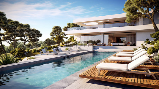 现代别墅豪华户外空间的 3D 渲染，配有原始游泳池和优雅的躺椅