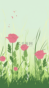 春天花朵红色背景图片_玫瑰花植物装饰插画春天风景简单背景