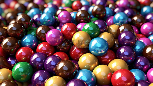 节日糖果涂层巧克力与光泽球 3D 插图