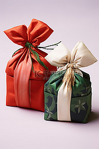 绿色包装背景图片_两个包装，红色和绿色包装，带有白色蝴蝶结