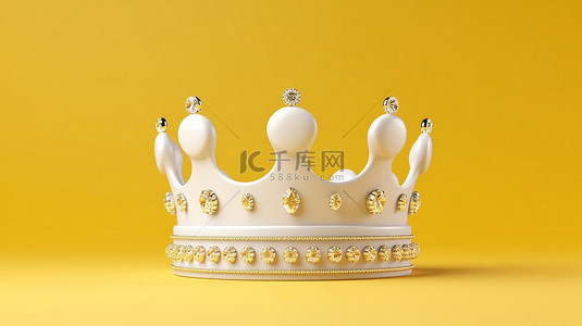 3d 渲染的阳光明媚的黄色背景上的金色装饰白色皇冠