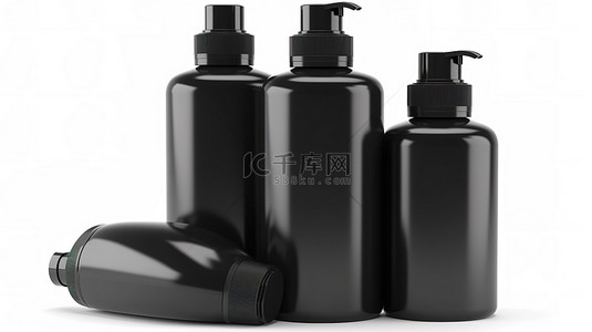 黑色塑料瓶上洗发水泵的孤立白色背景 3D 渲染