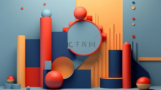 3D 插图以充满活力的橙色和蓝色调色板描绘孟菲斯风格的几何形状
