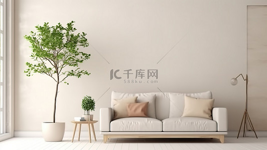 当代日本风格的客厅配有白色装饰和沙发，搭配简约的白墙 3D 可视化