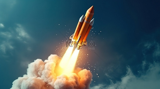 初创公司新颖产品的火箭式产品发布的 3D 插图