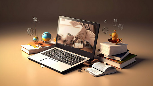 在线教育学习背景图片_配有表示在线教育的教育材料的笔记本电脑的 3D 插图