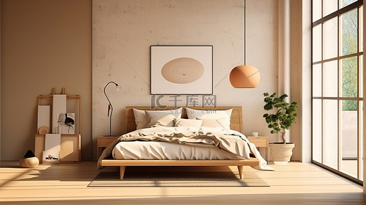 现代室内装饰的现代家具口音斯堪的纳维亚风格的米色卧室3D 渲染