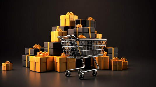 假日特卖背景图片_大规模黑色星期五促销在圣诞新年促销中推出礼品盒和购物车 3D 渲染