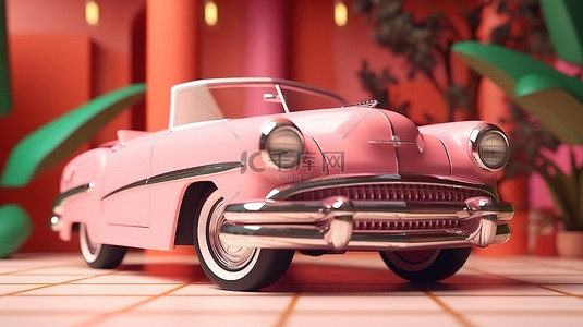 粉色玩具车背景图片_复古风格的老式玩具车，粉色和珊瑚色调 3D 渲染场景