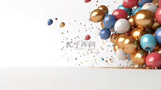 白色背景上层叠的气球和箔纸屑的节日 3D 渲染