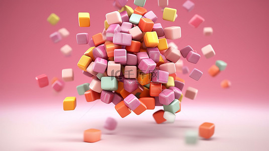 彩色糖果围绕粉红色方形彩虹飞行的 3D 插图