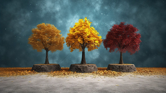 3 棵黄色红色和蓝色叶子的树在泥土讲台上 3d 渲染背景